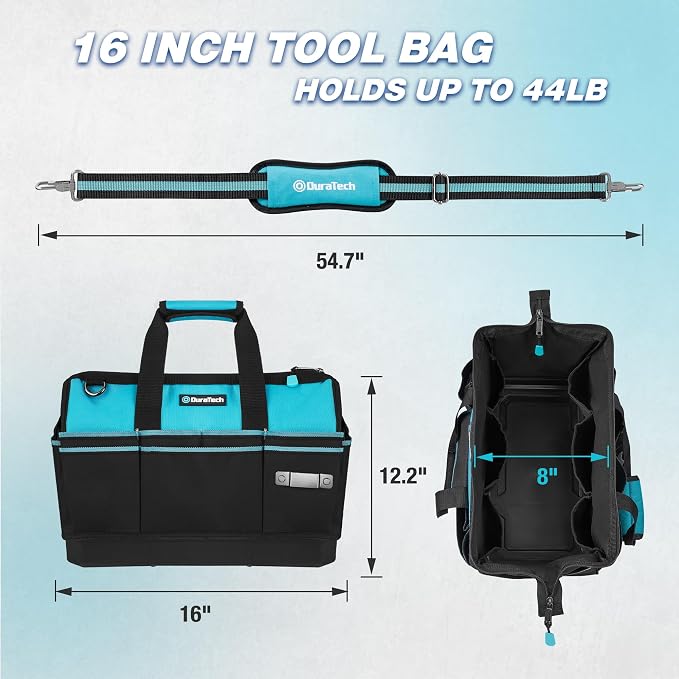 DURATECH 16" Heavy Duty Tool Bag with Hard Bottom and 18 Pockets | Waterproof Tool Bag, Hard Bottom Base, Wide Open Mouth, Multiple Pocket Storage, Professional Tool Organization - Image 2