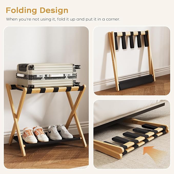 oakvivo Fully Assembled Luggage Rack, 26.77" Natural Luggage Rack for Guest Room, Bamboo Folding Suitcase Stand with Fabric Storage Shelf, Heavy Duty 5 Nylon Straps Luggage Holder for Hotel, 1 Pack - Image 4