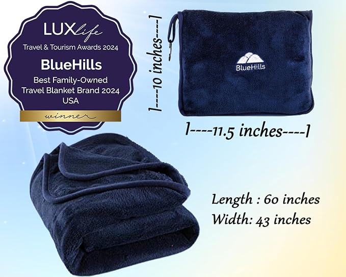 BlueHills Premium Soft Travel Blanket Pillow Airplane Compact - Navy Blue | Convertible 2 in 1 Travel Blanket to Pillow, Matching Zipper Case, Luggage Strap & Carabiner, Compact, Long Flight Essentials - Image 5