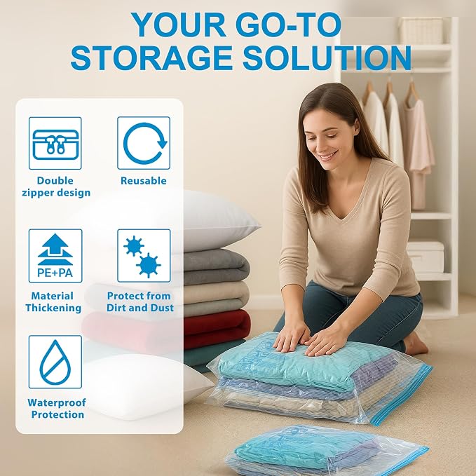 Vacuum Seal Bags for Clothing Travel, 12 Pack Vacuum Storage Bags for Clothes with Portable Electric Pump, Space Saver Bags for Luggage Traveling and Clothing - Image 5