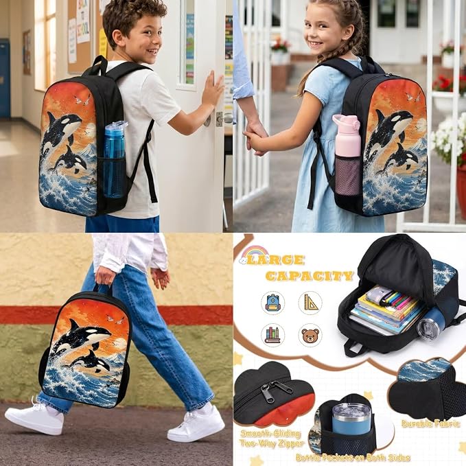 Killer Whale Backpack for Girls 6-8-10: 17in Painting Elementary School Back Pack with Lunch Box - 4 in 1 Cute Anime Book Bag for 2nd Grade Kids and Lunchbox - Image 3