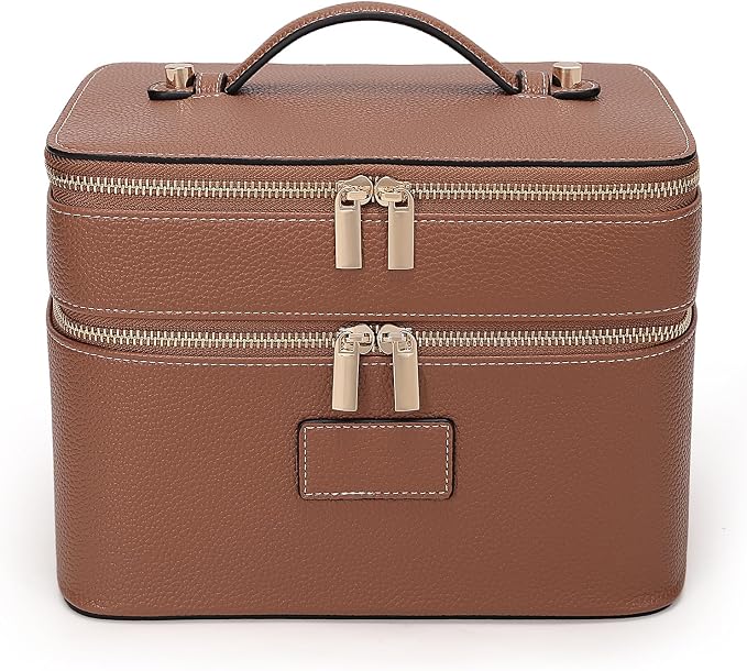 HiTotes Large Makeup Bag Duo Vanity Case for Women Leather Makeup Case Travel Toiletry Bag Portable Double Layer Cosmetic Bag by HiTotes