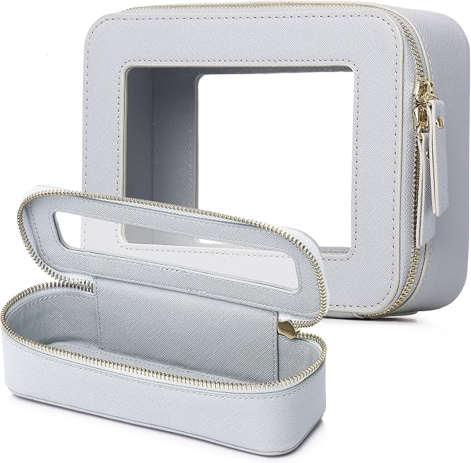 Clear Travel Makeup Bag with Brush Case Portable Transparent Cosmetic Bag and Toiletry Bag Waterproof Makeup Organizer with Zipper Car Essential for Women (Gray, M+Slim) by LOFOWN