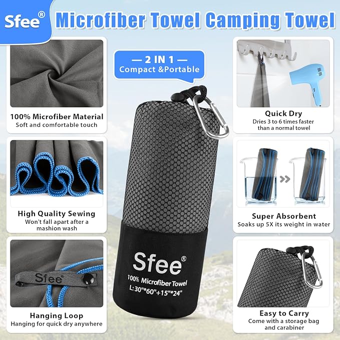 Sfee 2 Pack Microfiber Travel Towel, Quick Dry Towel Camping Towel Super Absorbent Compact Lightweight Sports Towel Swim Gym Towels Beach Towel Set for Gym, Hiking, Pool, Backpacking, Bath, Yoga - Image 2
