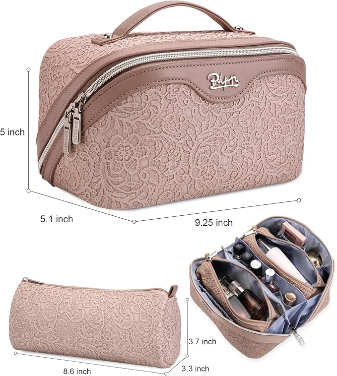 BOYATU Travel Makeup Bags Cosmetic Organizer Bag: 3-Set Large Capacity Make up Bag - PU Leather Toiletry Bags for Women - Wide Open Portable Pouch with Divider & Handle (A-Light Pink) - Image 4