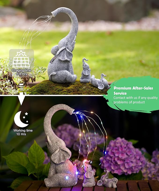 Qeeman Solar Elephant Statue Family Set 3Pcs: IP44 Weatherproof Outdoor Tricolour LED Lights Decor - Paths Patio Backyard Garden Sculpture Ornament for Mom Grandma Women