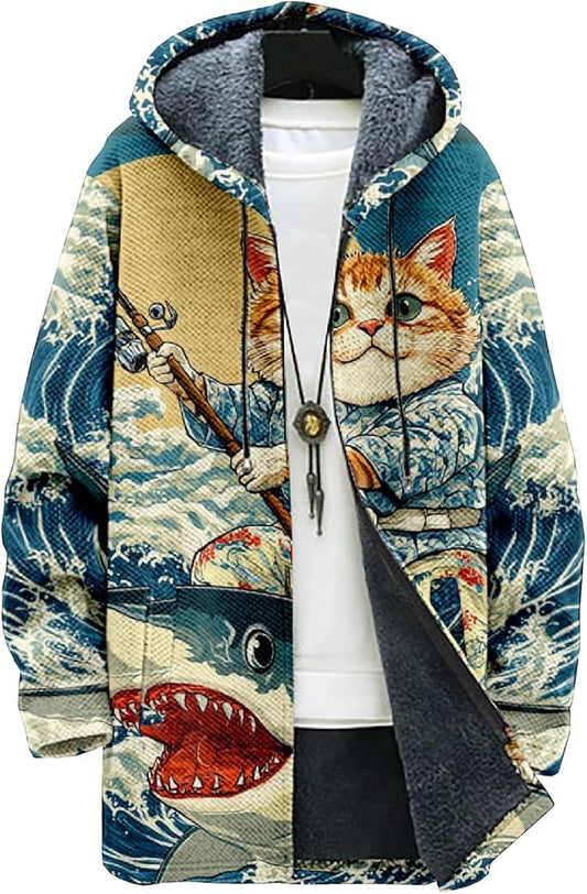 Full Zip Hoodies for Men Long Fleece Lined Knitted Hoodies with Pockets Fashion Coat Warm Cardigan for 2024