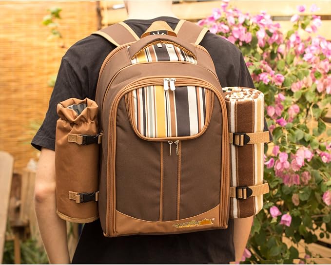 apollo walker Picnic Backpack Bag for 2 Person with Cooler Compartment, Detachable Bottle/Wine Holder, Fleece Blanket, Plates and Cutlery(2 Person, Brown) - Image 9