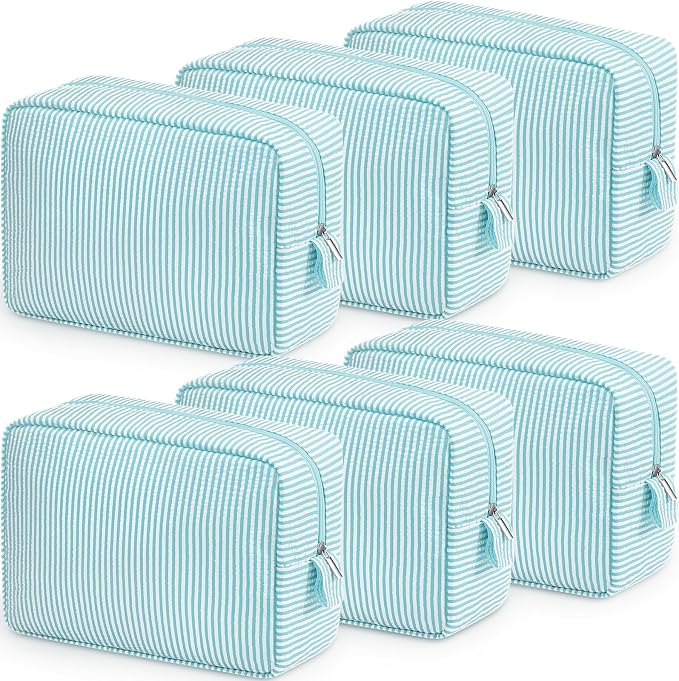 Sanwuta 6 Seersucker Cosmetic Bag Bulk Striped Makeup Bag for Women Aesthetic Cute Travel Toiletry Organizer Preppy Storage Pouch for Wedding Bridesmaid Mother's Day Teacher Gift (Large,Mint Blue) by Sanwuta