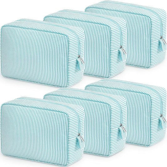 Sanwuta 6 Seersucker Cosmetic Bag Bulk Striped Makeup Bag for Women Aesthetic Cute Travel Toiletry Organizer Preppy Storage Pouch for Wedding Bridesmaid Mother's Day Teacher Gift (Large,Mint Blue) by Sanwuta