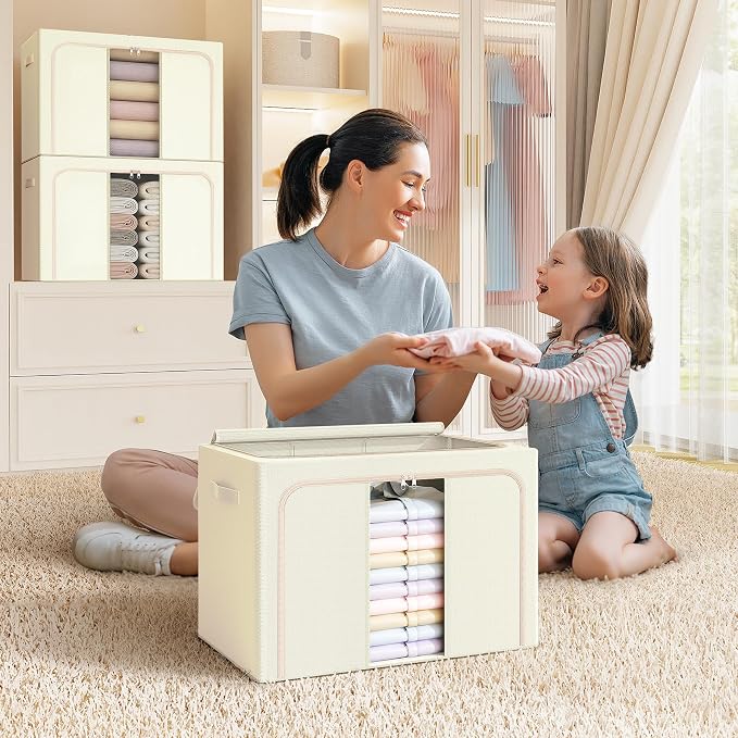 Clothes Storage Bins with Metal Frame, Foldable Clothes Organizers Storage Containers for Clothes, Sheets, Blankets, Pillows and Towels (100L, 3 Pack) Beige - Image 7