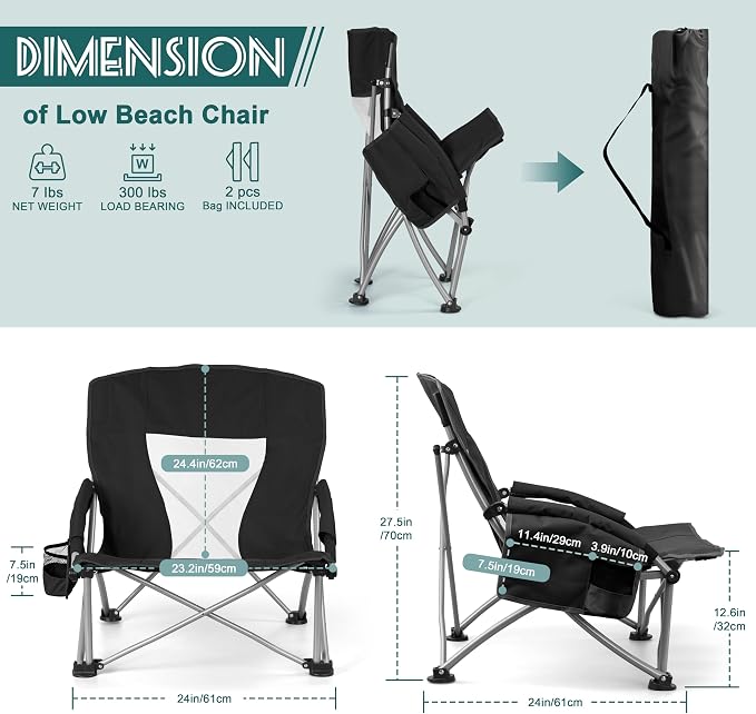 HaSteeL Low Beach Chairs for Adults, Lightweight Camping Folding Chair with Carrying Bag, Portable for Outdoors Lawn Backyard Patio RV Trip Fishing Sport Tailgating, Support 300LBS, Black, 2 Pack - Image 2
