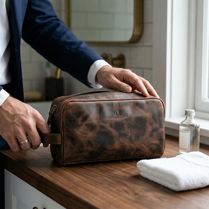 Toiletry Bag for Men – Genuine Leather Dopp Kit, Travel Organizer for Grooming Essentials, Large Shaving Kit Pouch, Durable Dark Brown Gift for Men - Image 4