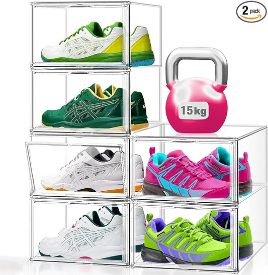 2 Pack Acrylic Clear Shoe Storage Boxes Size 12, Transparent Display Case for Sneaker Collections, Baseball Caps, Hat Organizer Dust-free Shoe Cubbies Stackable Sneaker Boxes by EZJOB