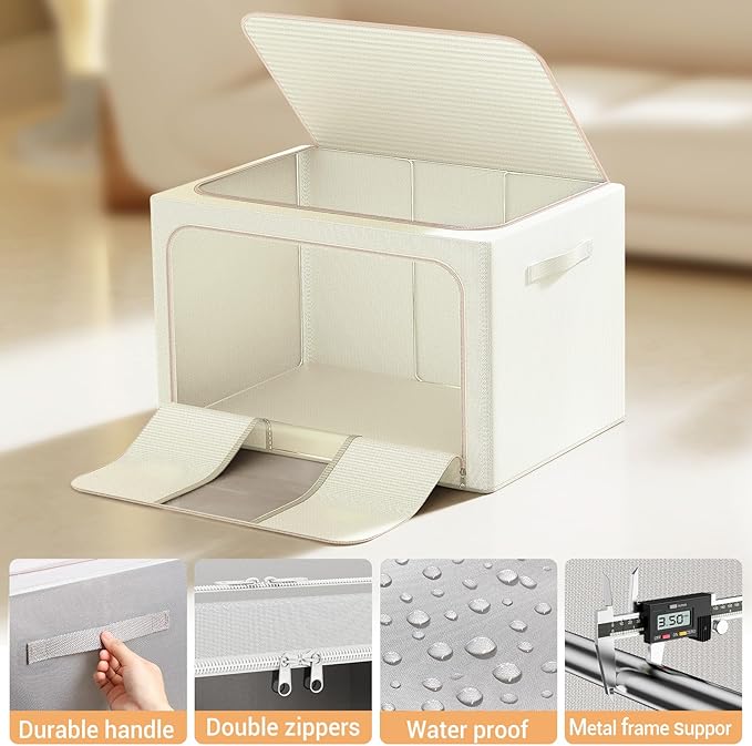 Clothes Storage Bins with Metal Frame, Foldable Clothes Organizers Storage Containers for Clothes, Sheets, Blankets, Pillows and Towels (100L, 3 Pack) Beige - Image 6