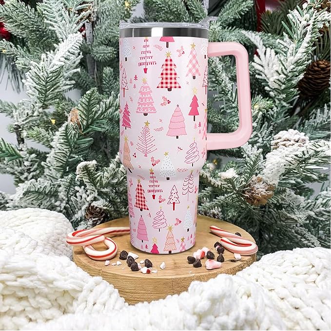 30 Oz Pink Christmas Tree Tumbler With Handle,Pink Coffee Travel Mug Cup Water Bottle,Christmas Tree Decor,Christmas Gifts for Women