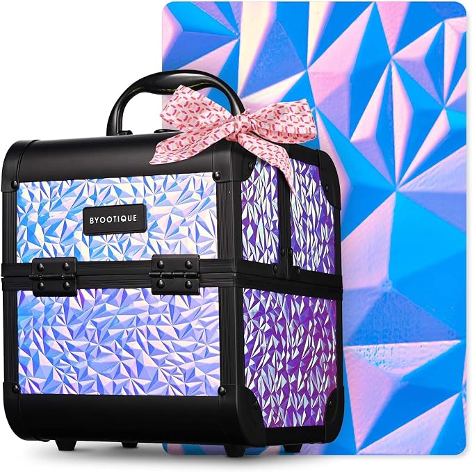 BYOOTIQUE Mini Makeup Train Case with Mirror 2 Tier Trays Box Makeup Artist | Aluminum Portable Travel Makeup Case Organizer Box Lockable Suitcase Cosmetic Storage Hairstylist Nail Tech Mermaid Purple by BYOOTIQUE