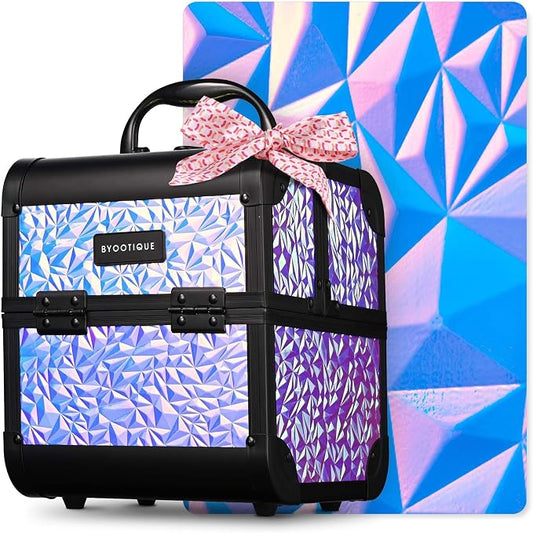 BYOOTIQUE Mini Makeup Train Case with Mirror 2 Tier Trays Box Makeup Artist | Aluminum Portable Travel Makeup Case Organizer Box Lockable Suitcase Cosmetic Storage Hairstylist Nail Tech Mermaid Purple by BYOOTIQUE