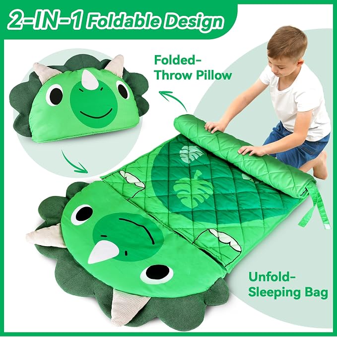iPlay, iLearn Kid Sleeping Bag, Dinosaur Slumber Sack, Toddler Boy Nap Mat | 2 in 1 Green Dinos Cushion Pillow Blanket, Happy Travel Sleepover Daycare Preschool Birthday Gift for 3 4 5 6 Years Old Child - Image 3
