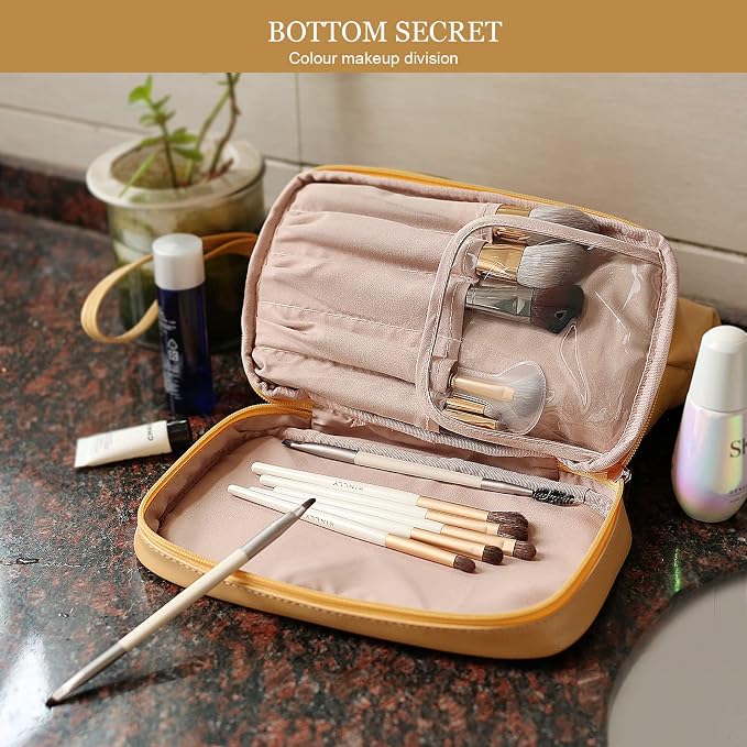 Abiudeng Large Capacity Makeup Bag Ladies Cosmetic Bag Travel Bag with Compartments Portable PU Leather Travel Makeup Bag with Handle - Image 5