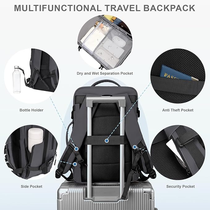 BAGOK Carry On Travel Backpack, 35L-40L Expandable Extra Large Airline Approved,Lightweight Daypack for Men and Women（Gray） - Image 4