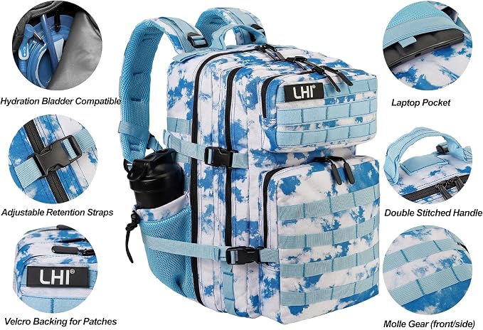 LHI Military Tactical Backpack for Men and Women 45L Army 3 Days Assault Pack Bag Large Rucksack with Molle System - Light blue tie-dye - Image 4