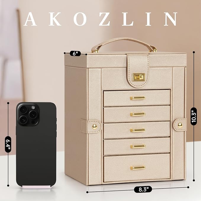 AKOZLIN 6-Tier Jewelry Box Organizer Functional 5 Drawers Leather Jewelry Storage Case for Women Girls Ring Necklace Earring Bracelet Holder Organizer with Mirror Champagne Regular - Image 5