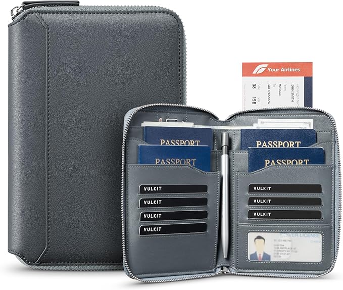 VULKIT Leather Passport Holder for 4-8 Passports Family RFID Blocking Passport Wallet with Zipper Travel Documents Organizer for Men or Women (Navy) by VULKIT