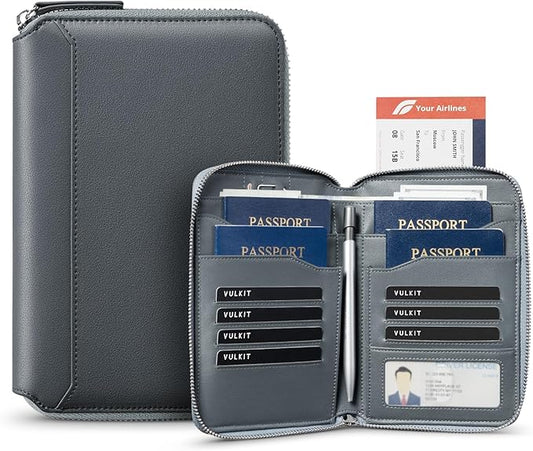 VULKIT Leather Passport Holder for 4-8 Passports Family RFID Blocking Passport Wallet with Zipper Travel Documents Organizer for Men or Women (Navy) by VULKIT