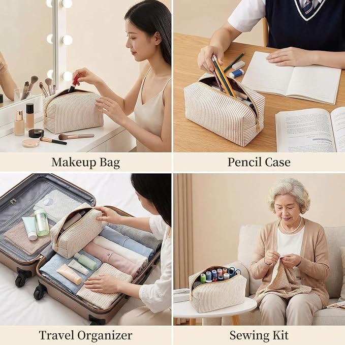 24 PACK Makeup Bags-Bulk Seersucker Cosmetic Bag for Women Bridesmaid Gifts Makeup Pouch for Wedding Party Favors Bachelorette Party Decorations Travel Toiletry Organizer Graduation Gifts(24, Khaki) - Image 5
