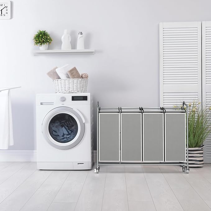 Simple Houseware 4-Bag Heavy Duty Laundry Sorter Rolling Cart, Silver | Removable Bags and Lockable Wheels for Laundry Room Organization - Image 4