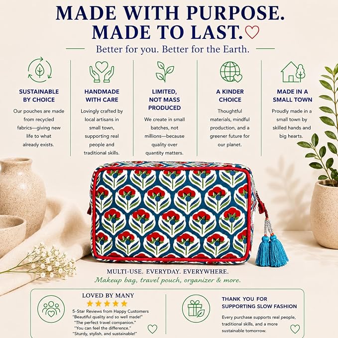 Huar Travel Makeup Bag- Large Capacity Cosmetic Bags for Women - Water Resistance Lining Portable Pouch & Open Toiletry Bag - Perfect Girls Makeup Organizer for Travel Essentials (White & Red Floral) - Image 5