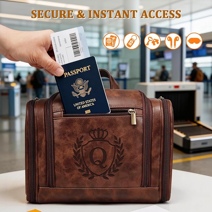 Personalized Easter Gifts for Men Large Leather Travel Toiletry Bag Hanging Shaving Dopp Kit Bathroom Shower Waterproof Case, Birthday Gifts for Father Dad Husband Boyfriend Cognac Letter Q - Image 6