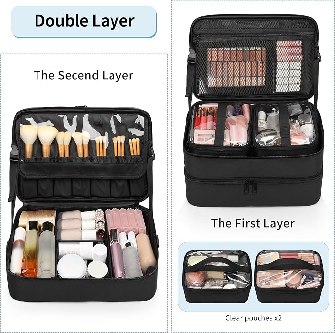 Extra Large Makeup Case, Professional Makeup Artist Traveling Bag, Double Layer Lightweight XL Makeup Travel Case Organizer for Artist Hairstylist Crafters with 2 Detachable Pouch & Shoulder Strap - Image 2