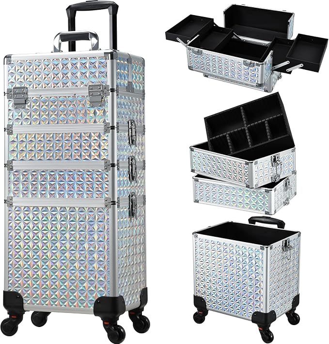 Stagiant Rolling Makeup Case Cosmetology Case on Wheels 4 in 1 Large Cosmetic Organizer Train Case Makeup Travel Case with Key Nail Artist Salon Storage Traveling Cart Big Trunk Shiny Silver by Stagiant