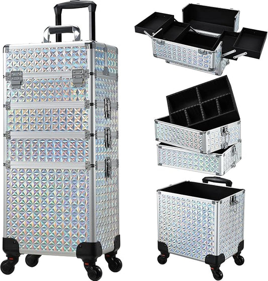 Stagiant Rolling Makeup Case Cosmetology Case on Wheels 4 in 1 Large Cosmetic Organizer Train Case Makeup Travel Case with Key Nail Artist Salon Storage Traveling Cart Big Trunk Shiny Silver by Stagiant