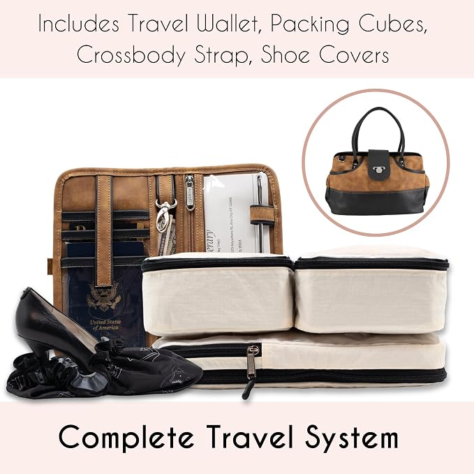BORSALI Duffel Bag for Women, Vegan Leather Travel Set, RFID Wallet, Brown | Travel Carry On Duffel, Vegan Leather Personal Item, RFID- Blocking Travel Wallet Included, Packing Cubes & Shoe Covers - Image 3