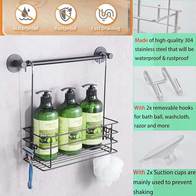 Shower Caddy Hanging Shower Orangizer Stainless Steel Shower Rack with Hooks Over The Door, Shampoo Basket Storage (Black) - Image 3