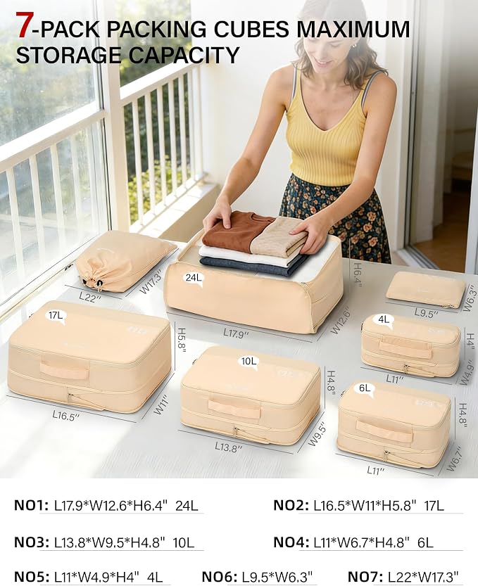 Hanke 7 Piece Expandable Compression Packing Cubes, Premium Travel Packing Organizers for Suitcases/Carry On, Luggage Organizer Bags with Breathable Mesh & Label,Off White - Image 4