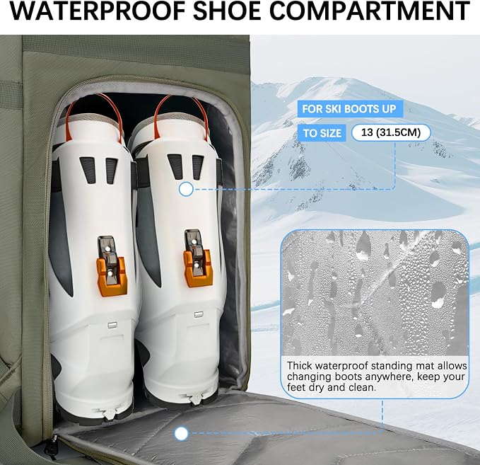 65L Waterproof Ski Boot Bag, Heavy Duty Snowboard Backpack for Helmet Goggles Gear, Air Travel Winter Sports Bag - Image 5