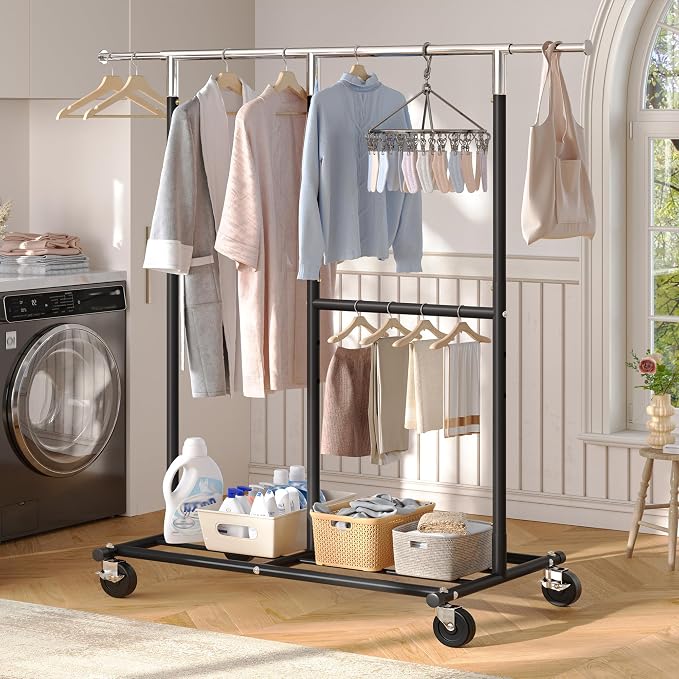 Raybee 72" H Rolling Clothes Rack, 450 LBS Clothing Rack with Sturdy Wheels, Double Rod Metal Garment Rack for Bedroom, Laundry Room, Halway, Commercial, Black - Image 6
