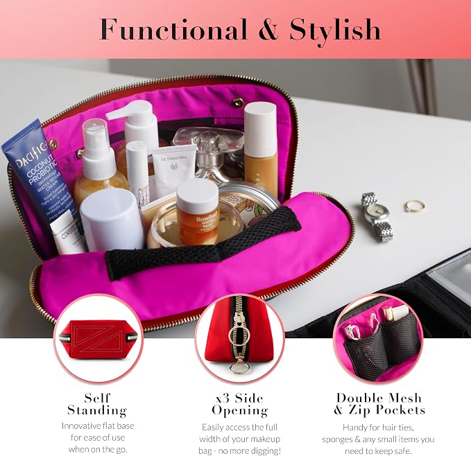 KUSSHI Washable Travel Makeup & Cosmetic Bag - Brush Organizer Sold Separately (Signature, Candy Apple Red/Pink) - Image 3