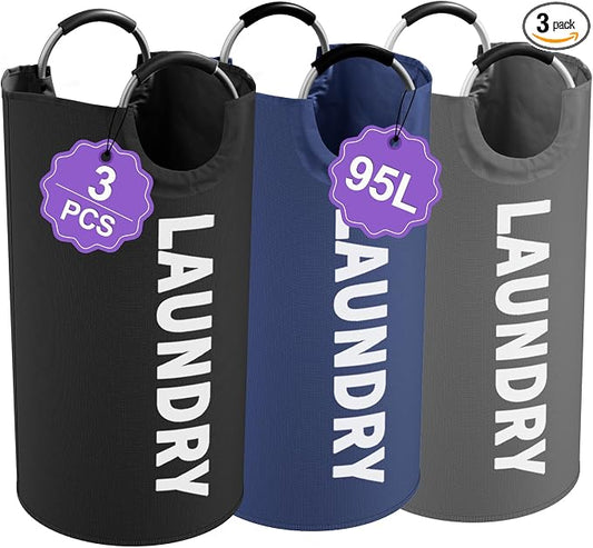 Laundry Basket 3PCS, 95L Large Clothes Hamper with Handle, Foldable Laundry Bag for Kids Room, Bathroom, Dorm, Portable Washing Bin for Home Organization, Black + Gray + Navy Blue by IHOMAGIC
