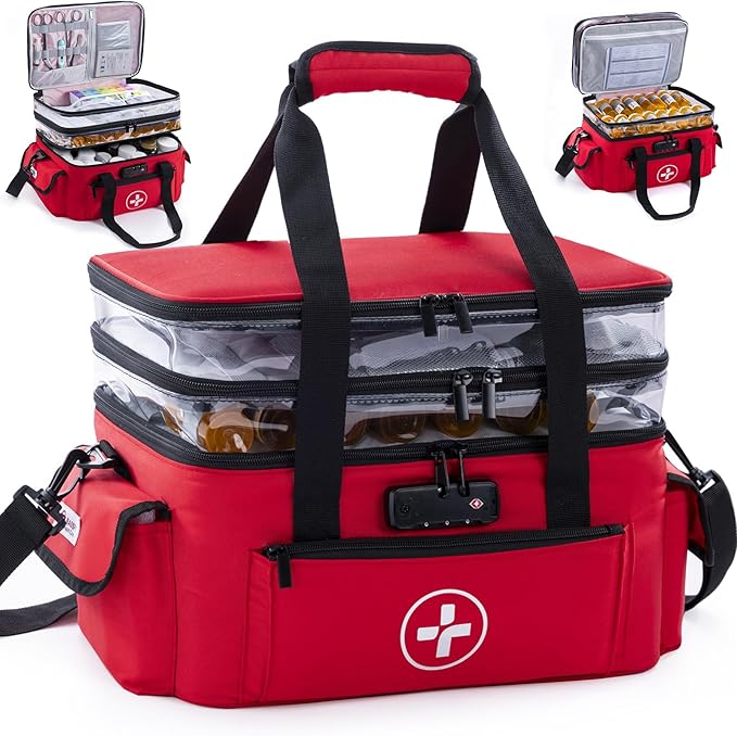 BAGSFY 3-Tier Medicine Organizer with Combination Lock – Large Medicine Bag, Empty First Aid Kit Case, Pill Bottle Medical Supply Organizer, Travel Prescription Bag, Medication Storage Container by BAGSFY