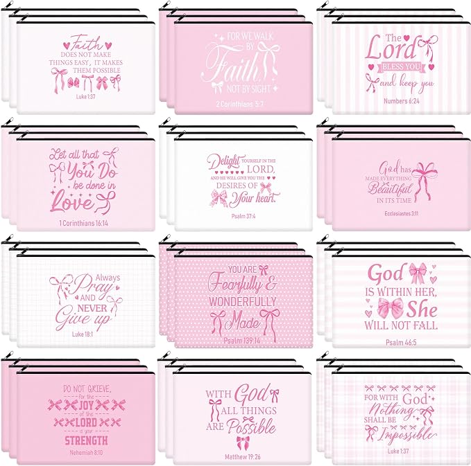 Hillban 36 Pcs Christian Gifts for Women Christian Pink Bow Makeup Bags Bible Verse Cosmetic Bag Inspirational Pencil Case with Zipper Coquette Bowknot Travel Organizer Pouch for Wedding Bachelorette by Hillban