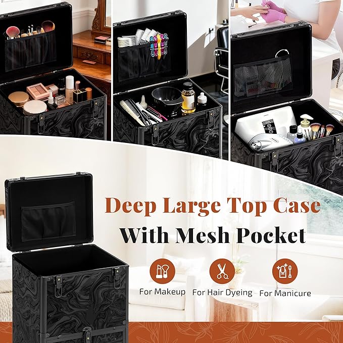 Rolling Makeup Train Case with 3 Drawers, Nail Trolley Cart Salon Station Cosmetology Case on Wheels Organizer Cases for Nail Tech,SPA,Face Painting,Hairstylist,Makeup Artist (Ink Black) - Image 3