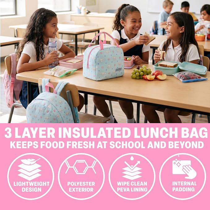 Get Trend Cinnamoroll Girls Corduroy Backpack 4 Piece Set | 17 inch Bookbag with Laptop Pocket, Insulated Lunch Bag, Zipped Pencil Case & Lanyard, Back to School Kawaii Gifts for Girls - Image 4