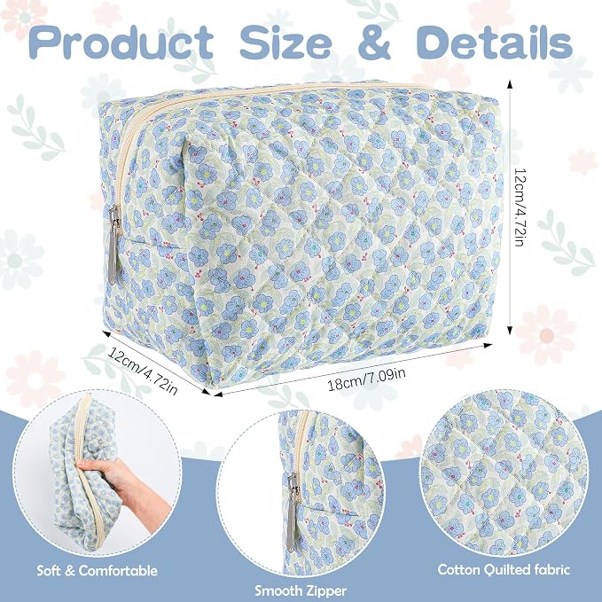 6 Pcs 8 Inch Large Quilted Makeup Bag Bulk Floral Cosmetic Bag Bridesmaid Gifts Women Floral Cotton Quilted Pouch Travel Toiletry Coquette Aesthetic Makeup Organizer for Women - Image 2
