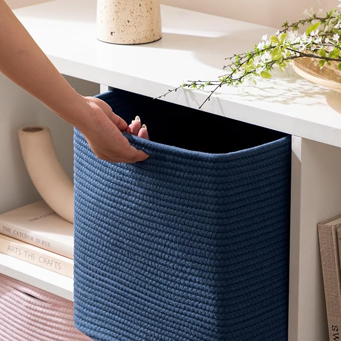 joybest 13x13x13 Inch Cube Storage Bins Set of 4, Cotton Rope Woven Organizer Basket for Shelves, Cube Bin Square Shelves Organizer Closet Storage, Nursery, Toy Organization, Navy Blue - Image 2