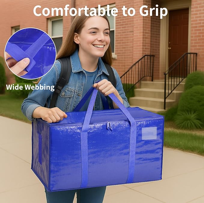 4 Pack-Extra Large Heavy Duty Moving Bags - Waterproof Storage Totes with Handles & Zippers, Foldable for College Dorm, Storage (Blue) - Image 7